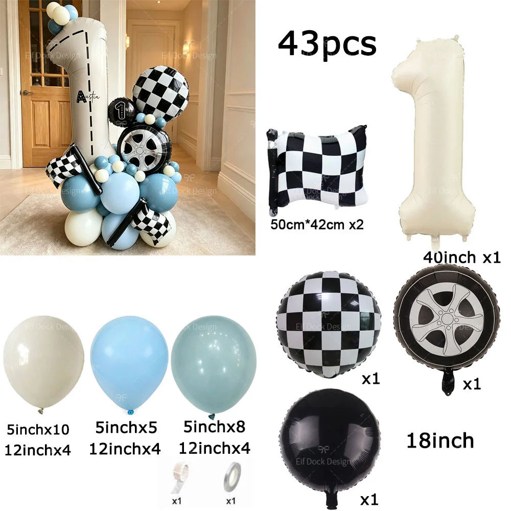 1 Set Racing Tire Black White Checkered Flag Balloon 40in Number Balloon Two Fast Boy's Birthday Racing Car Party Decor Shower