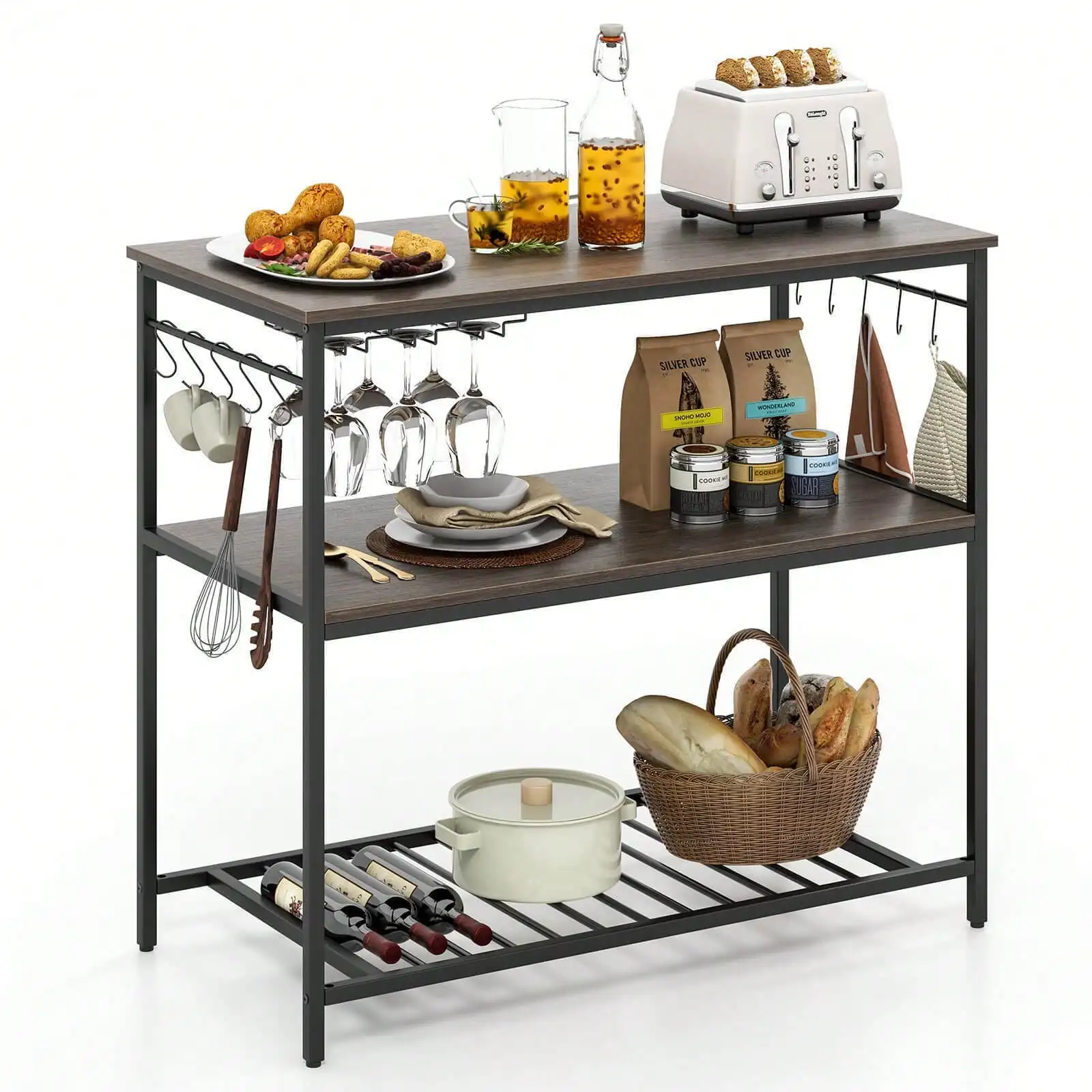 

3-Tier Kitchen Island w/ Wine Glass Holders Large Worktop 10 S-Shaped Hooks