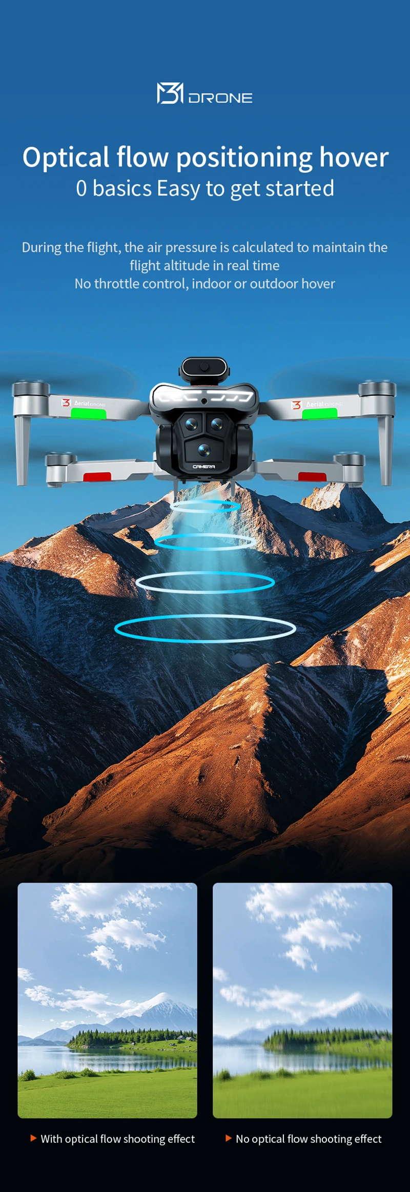 طائرة بدون طيار M3 عالية الوضوح بدون فرش، قدرة تحمل طويلة للغاية، ارتفاعات ثابتة تحوم 360 درجة °   طائرة بدون طيار لتجنب العوائق عن بعد
