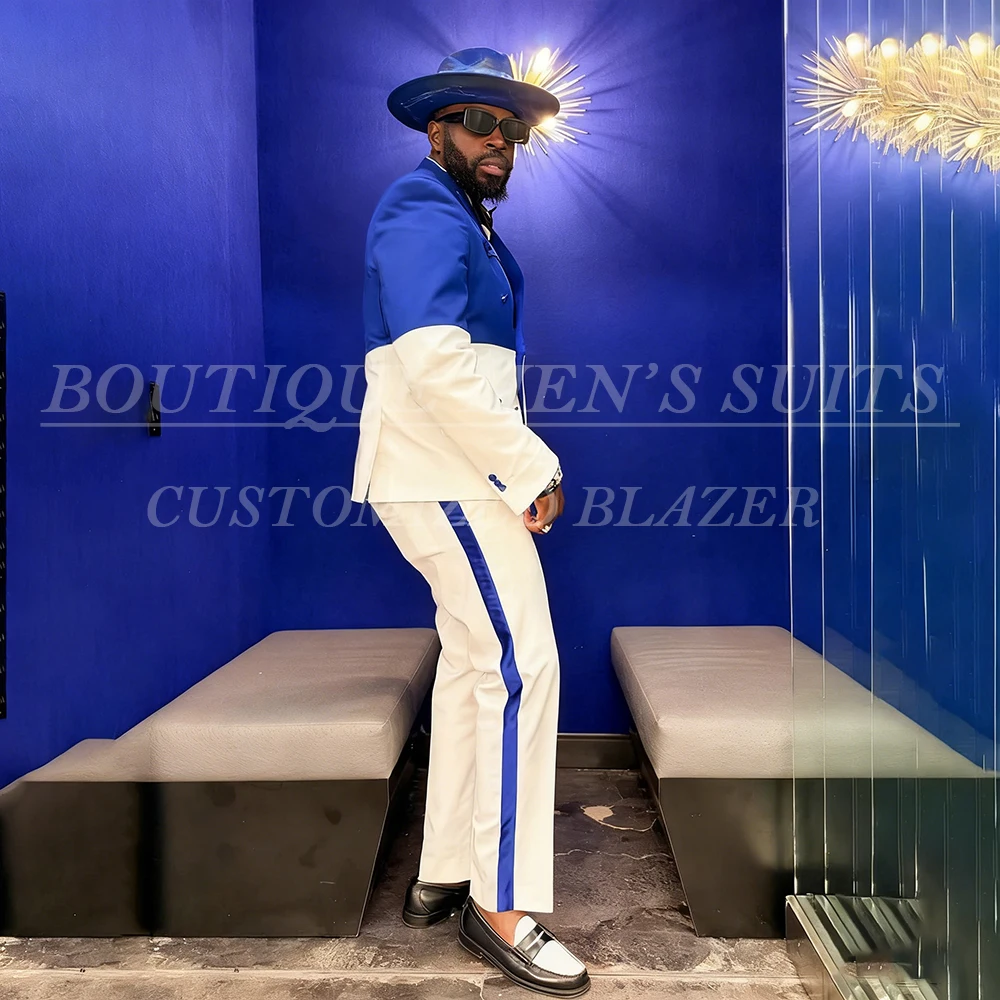 

Designer Men's Suits Blue And White Double Breasted Peak Lapel Blazer Formal Party 2 Piece Jacket Pants Outfits Luxury Clothing