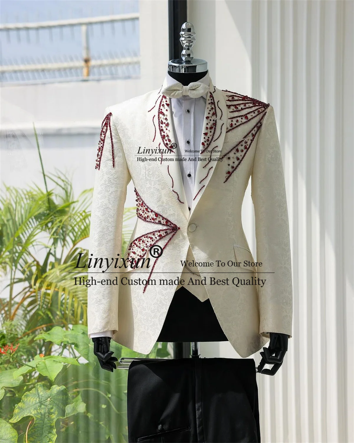 Fashion Jacquard Men Suits Luxury Beadeds Crystal Groom Tuxedos 3 Pieces Wedding Bridegroom Blazers Male Custom Homme Marrige