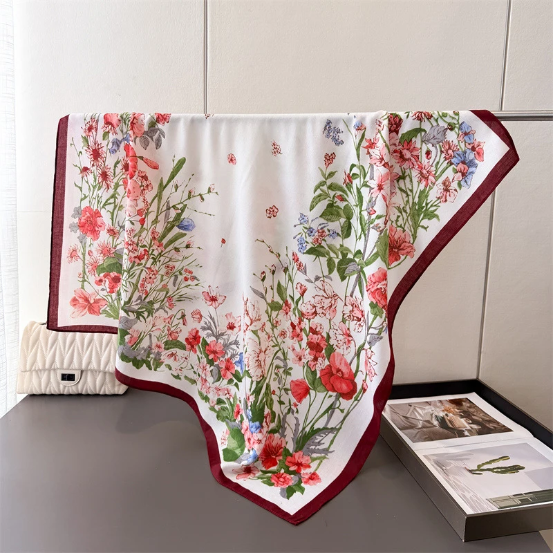 

90Cm Square Scarf Cotton Linen Feeling Women Head Shawl Wraps Luxury Hairband Floral Print Neck Scarves Hijab Bandana Pashmina