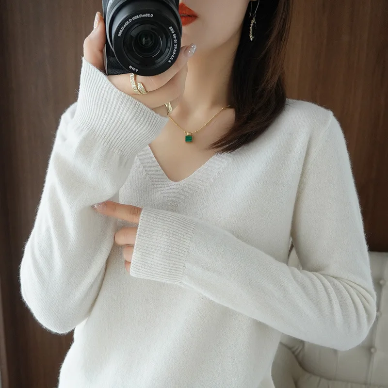 

Loose Fit Woman Sweater Pullover 2024 New Long Sleeve Jumpers Autumn and Winter Side V-collar Elegant Chic Knitted Top T951