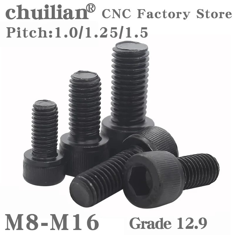 1 Piece Fine Thread Hex Hexagon Socket Head Cap Screws M8 M10 M12 M14 M16 Black carbon steel Allen Bolts Pitch 1.0/1.25/1.5