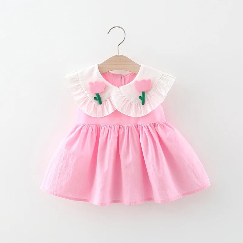 Girl\'s dress summer baby girl two piece three-dimensional tulip large lapel lace princess dress