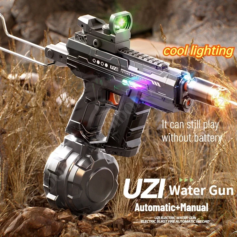 Pistola de agua eléctrica Uzi de juguete con luz, pistola de agua de absorción automática, chorro de fuego rápido, juguetes para piscina al aire libre para niños y niños