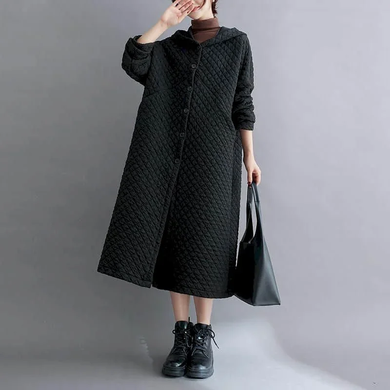 

Pop Quilted Jackets For Women Long Sleeved Lightweight Cotton Added Hooded Coats Calf Length Casual Vintage Winter Women Clothin