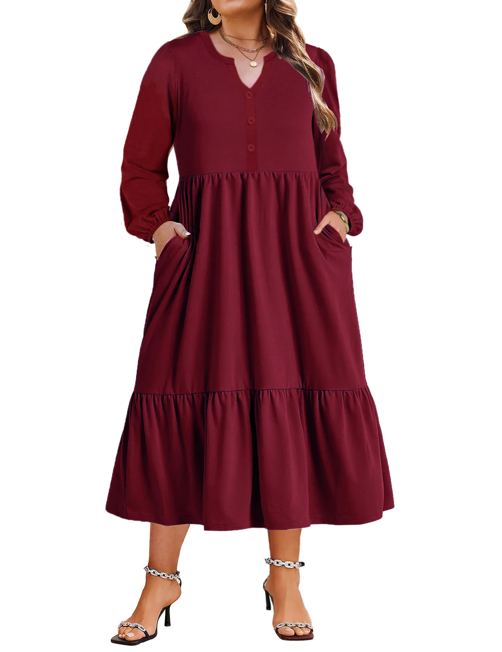 

Платье миди черное, больших размеров, с V-образным вырезом, на пуговицах, с длинными рукавами, карманами, свободного кроя, повседневное, с оборками по низу