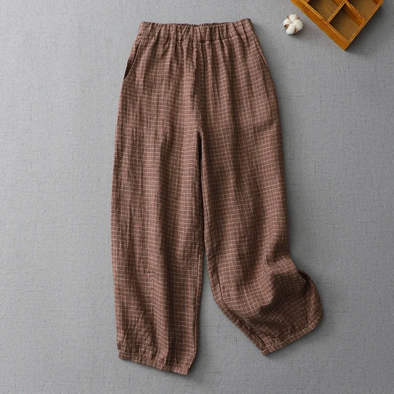 Women's Summer Linen Plaid Pants Elastic Waist Loose Casual Cropped Trousers