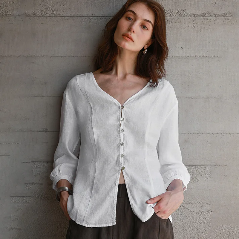 

Vintage 100% Line White Shirts Women V-neck Three-quarter Sleeves Button Up Blouse Summer Casual Fashion Office Lady Wear Tops