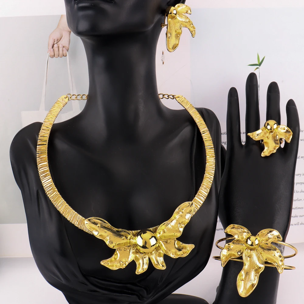 

African Gold Plated Necklace Earrings Ring Bracelet Jewelry Set Women Lady Wedding Ethiopian Necklace Gift