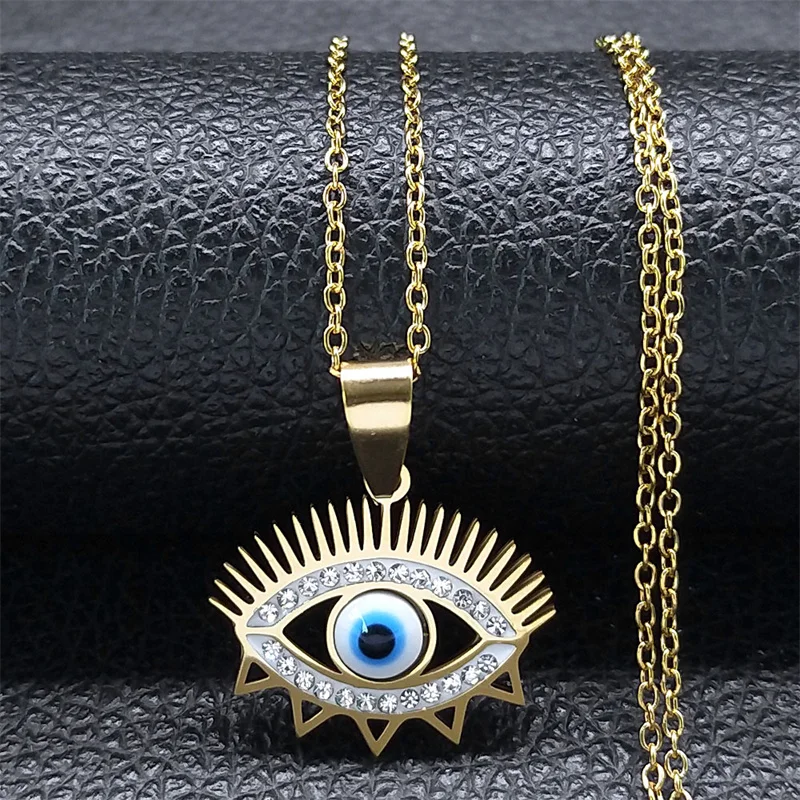 

Turkey Blue Eye Necklace for Women/Men Stainless Steel Rhinestone Gold Color Lucky Pendant Necklaces Jewelry colar N8382S02