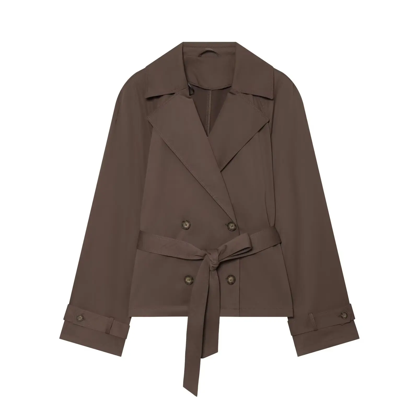 BSAY 2026 Women Short Trench Coat Lapel Double Breasted Belted Waist Long Sleeve Cropped Windbreaker Casual Commuter Outerwear