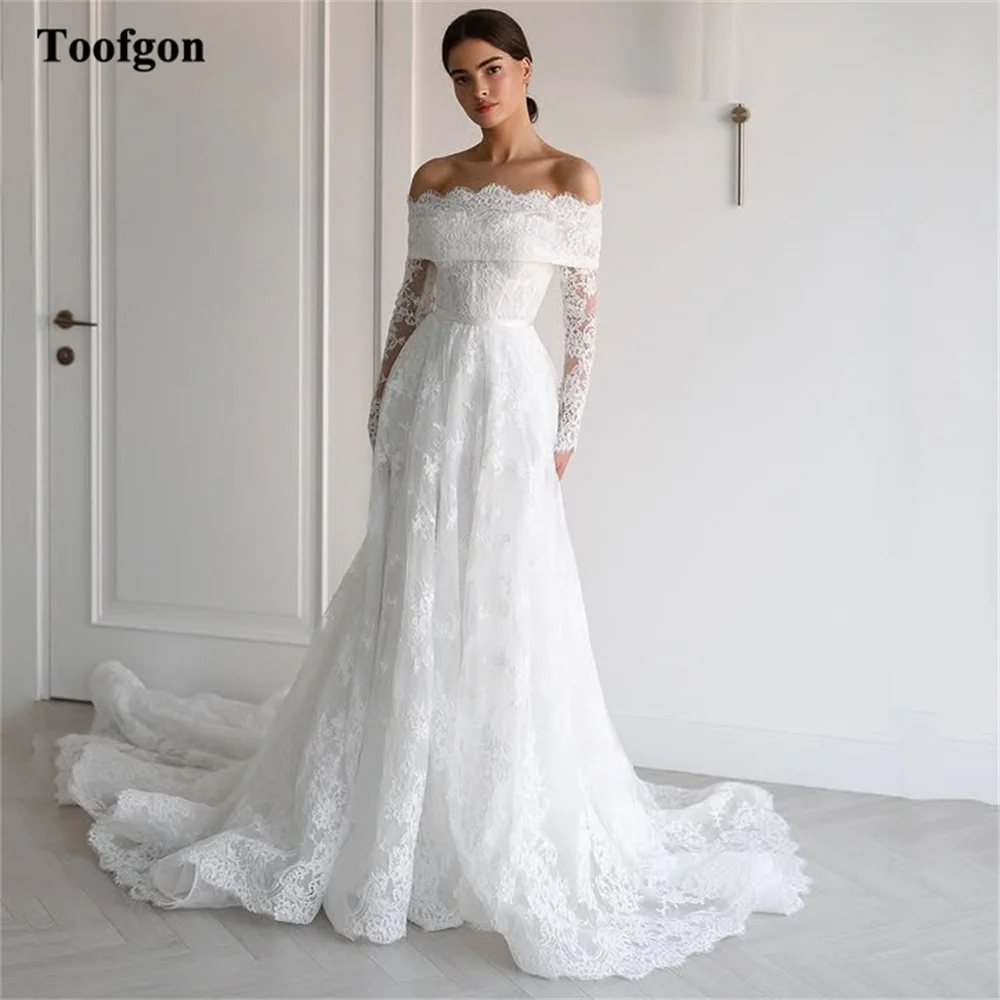 

Toofgon Full Lace Customized Wedding Dresses Long Sleeves Off The Shoulder Formal Bridal Gowns Women Formal Party Bride Dress