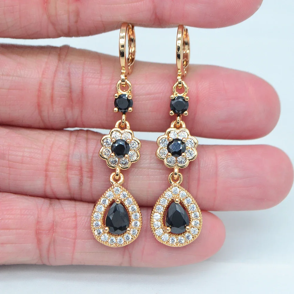 Gold Color Women Blue Cubic Zirconia CZ Water Drop Wedding Earrings Jewelry