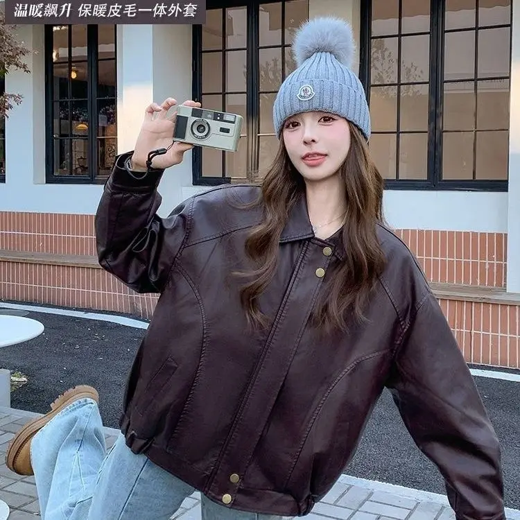 秋冬新作 レディース レザー ジャケット 厚手 ゆったり 防風 PU コットン ジャケット
