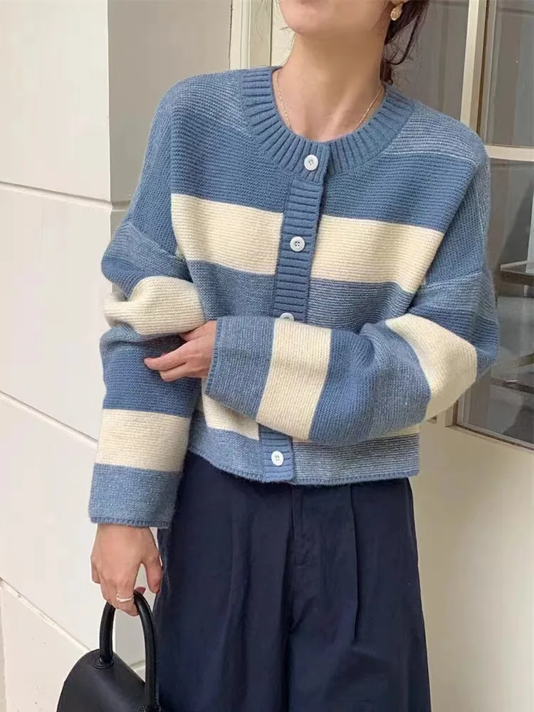 

Korean style Fashion Sweater Cardigan Women Knitted Striped Sweater Autumn Winter Long Sleeve Short Cardigans Female Tops