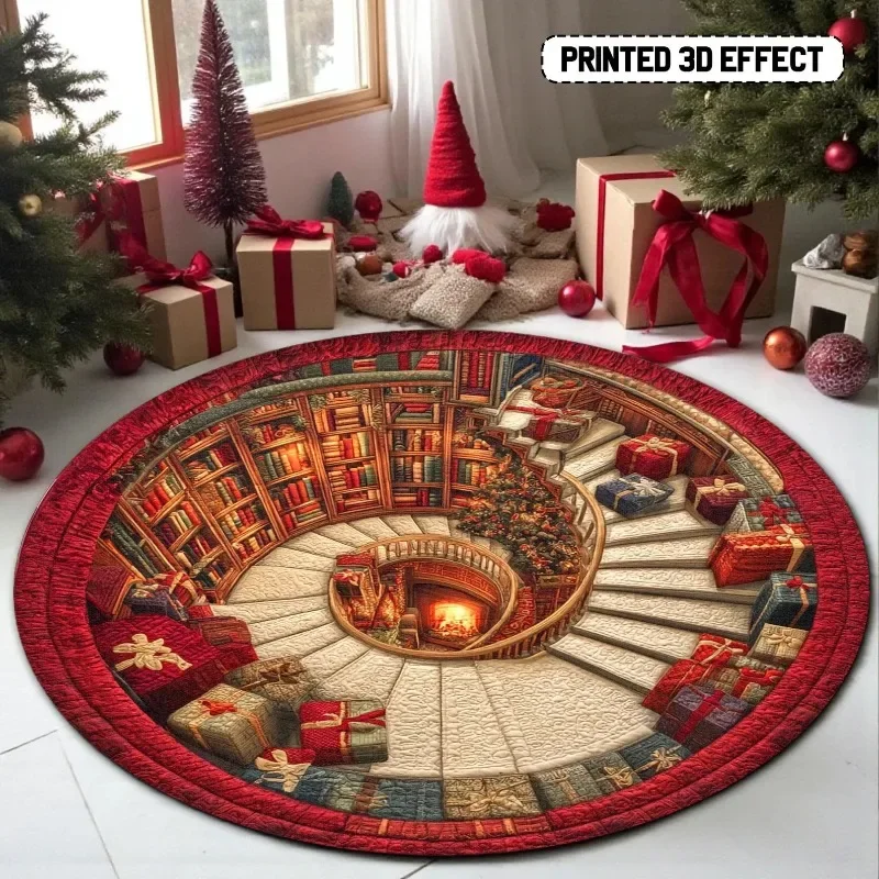 3D Book Library Christmas Carpet Printed Round Rug with Gifts and Tree Festive Holiday Flooring Mat for Home Christmas Holiday