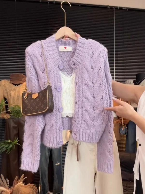 

Soft Purple Twisted Knitted Short Cardigan Women's Fashion Spring Season Slim Fit Cozy Sweater Jacket Commute Style round Nec...