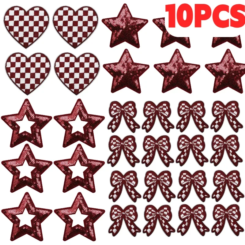 10PCS Wholesale Brown Game Day Bow Embroidery Patches Cheerleader Lightning Love Star Design Iron On For DIY Clothing Logos