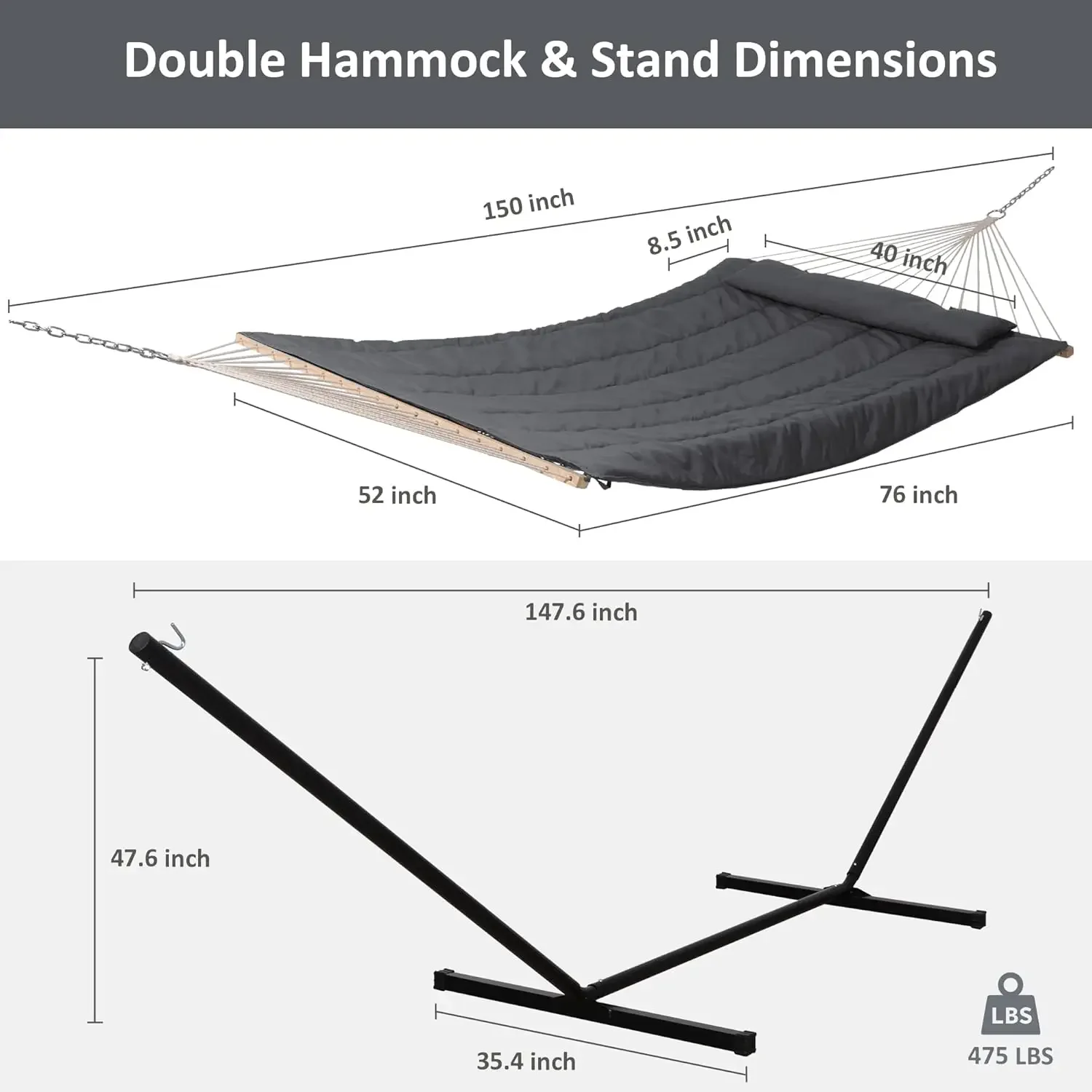 Rede dupla externa com suporte, rede de corda de algodão para duas pessoas com almofada de poliéster, cinza escuro