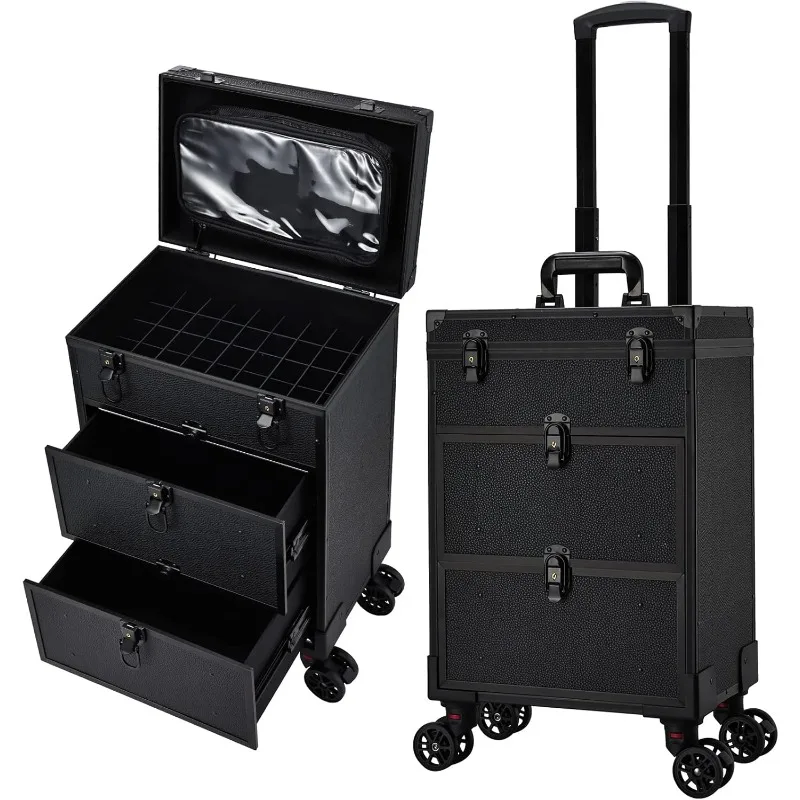 Professional 3 in 1 Rolling Makeup Case Cosmetology Case 2 Large Drawer Nail Trolley Traveling Cosmetic Train