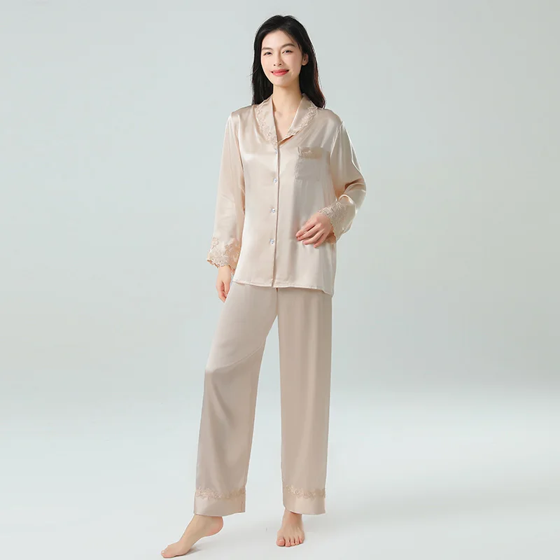 

Брюки с длинными рукавами из 100% тутового шелка 19 мм, пижамный костюм, кружевной кардиган с вышивкой, пижамный комплект, удобная домашняя одежда на весну и осень