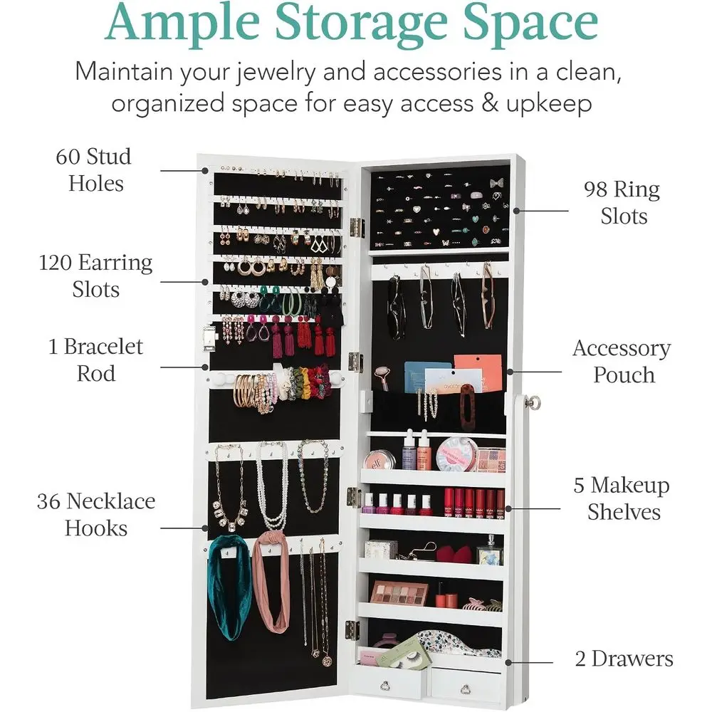 reestanding lry Armoire Cabinet, ull Length Standing Mirror, Lockable Makeup Storage Organizer, w/Velvet Lining, 3 Angles, Lock,