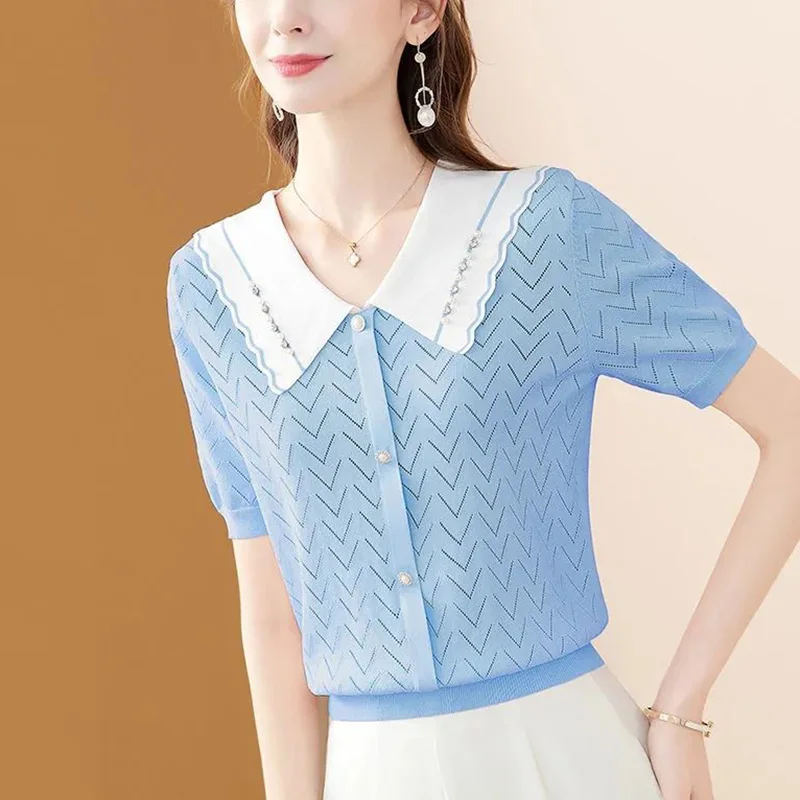 Fashion Loose Button Knitted Spliced Ruffles Beading Shirt Female Clothing 2024 Summer New Casual Tops All-match Commute Blouse