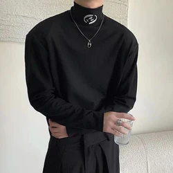 Mens y2k casual metal decorated high collar shoulder pad long sleeve T-shirt autumn genderless fashion trend simple top unisex