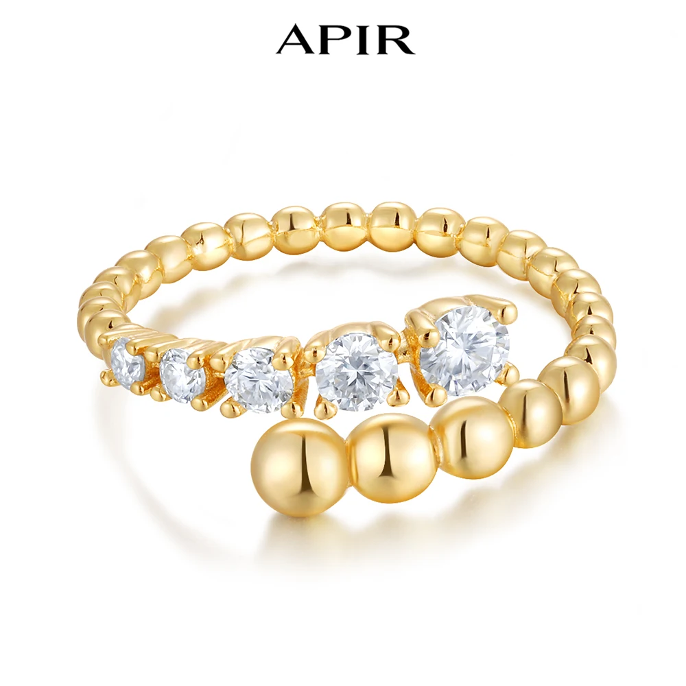 

APIR D Color VVS1 Moissanite Beaded Open Ring for Women 925 Sterling Silver Gold Plated Trend Rings Wedding Anniversary Jewelry