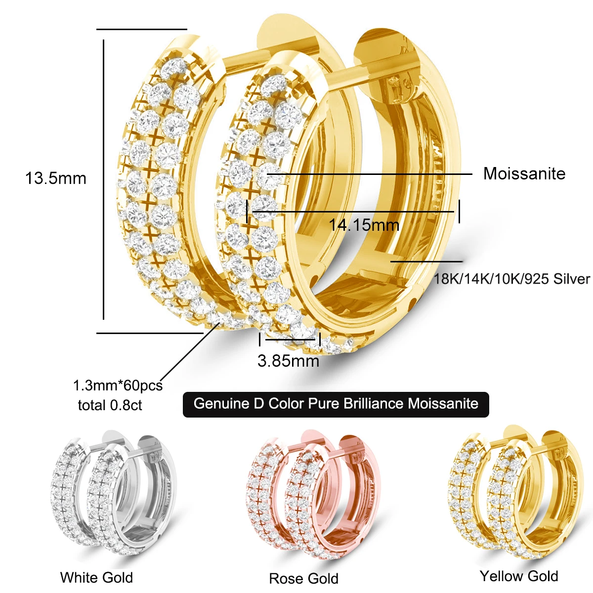 Kirin Palace Hoops Earrings 750 18K 585 14K White/Yellow Gold Real D VVS1 Moissanite Earrings Women Sparkling Jewelry Gifts
