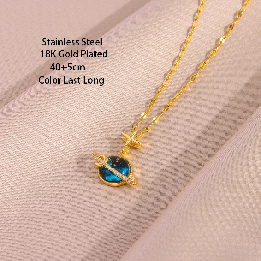 New 18K Gold Plated Fashion Cartoon Dream Planet Pendant Necklaces For Women Female Stainless Steel Neck Chain Jewelry Wholesale