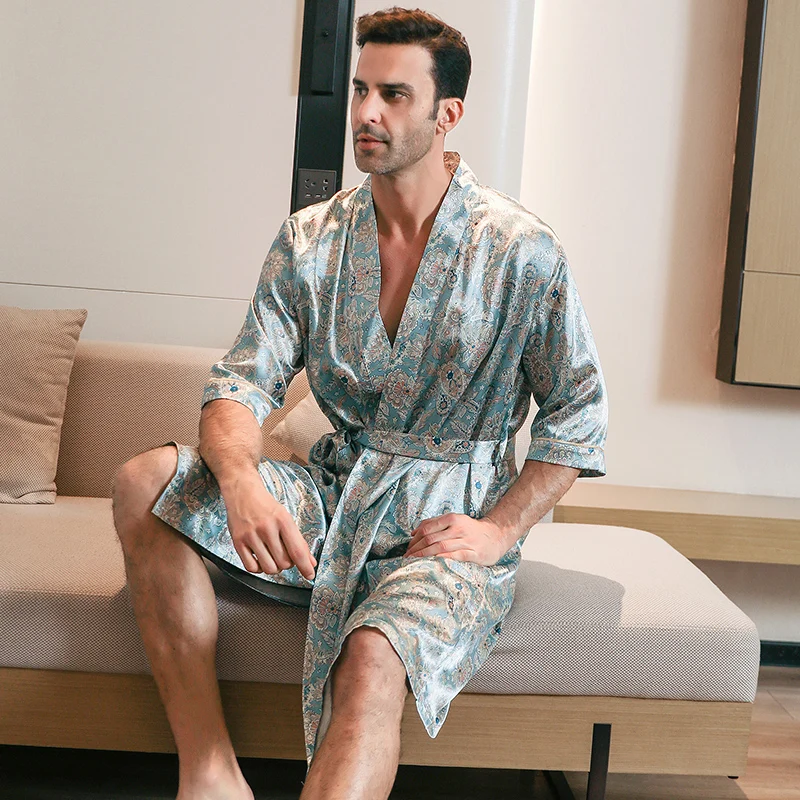 Men\'s Ice Silk Satin Half Sleeves Pajamas Sleepwear Robe Robes Bathrobe Nightgown Plus Size Spring and Autumn Short Sleeves