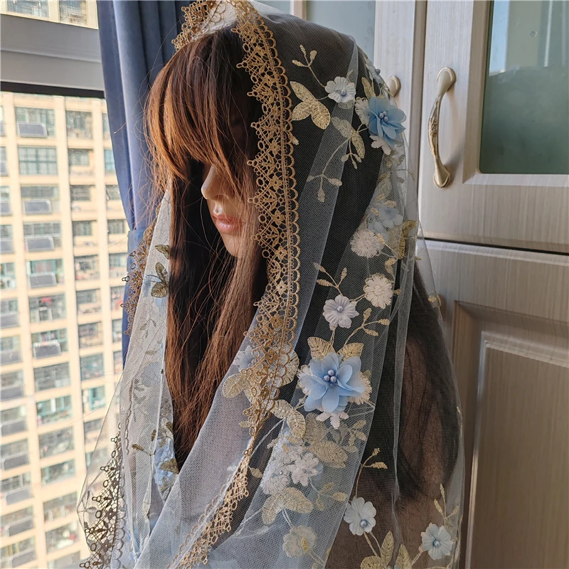 

Blue And Gold Infinity Floral Women Mantilla Veils Catholic Vintage Chapel Mass Church Head Covering Embroidered 3 D Flowers