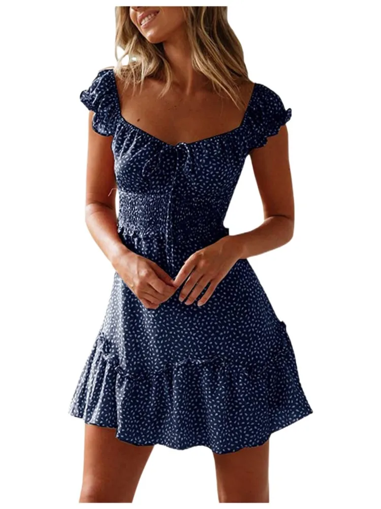 2025 Women's Sexy Ruched Printed Mini Dresses Short Sleeve Heart Neckline Lace Up Short Dress Vintage Boho Floral Summer Dress