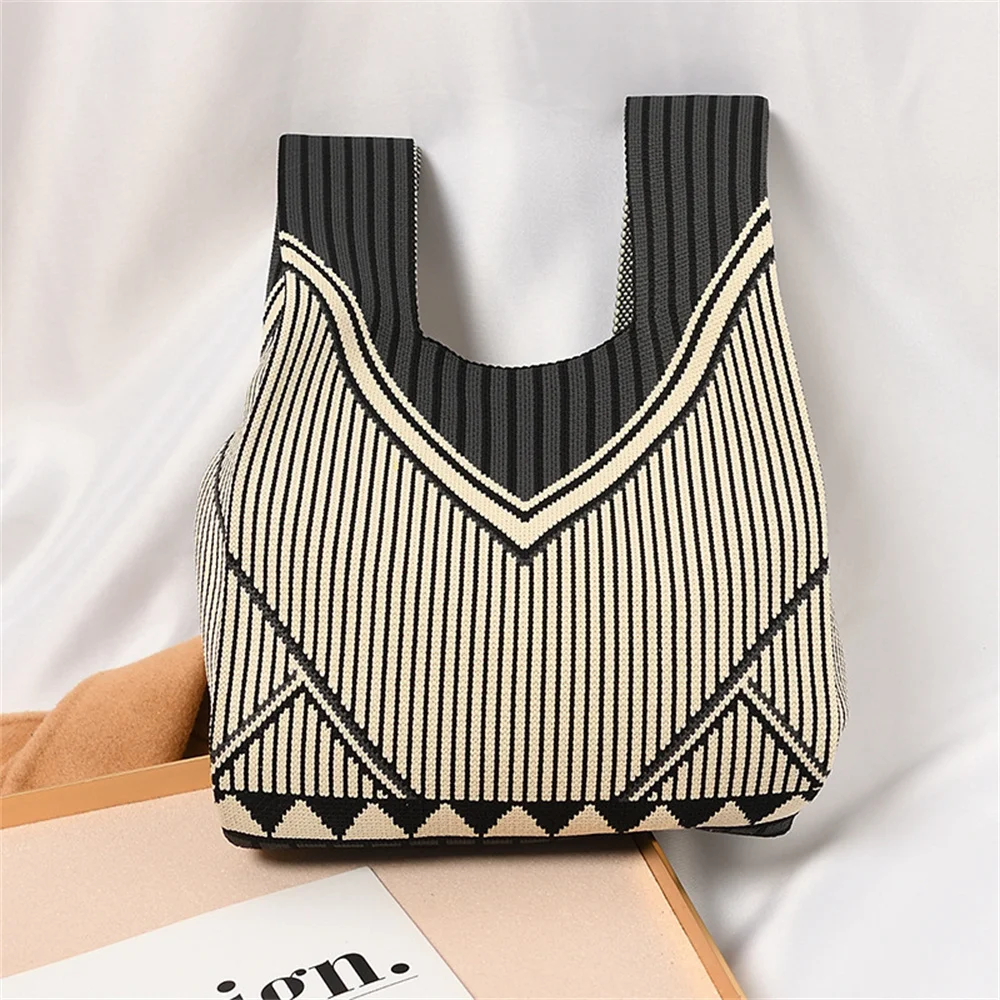 Geometric Patterns Knitted Handbag Fashion Korean Women Mini Knot Wrist Bag Casual Ladies Tote Bag Student Reusable Shopping Bag