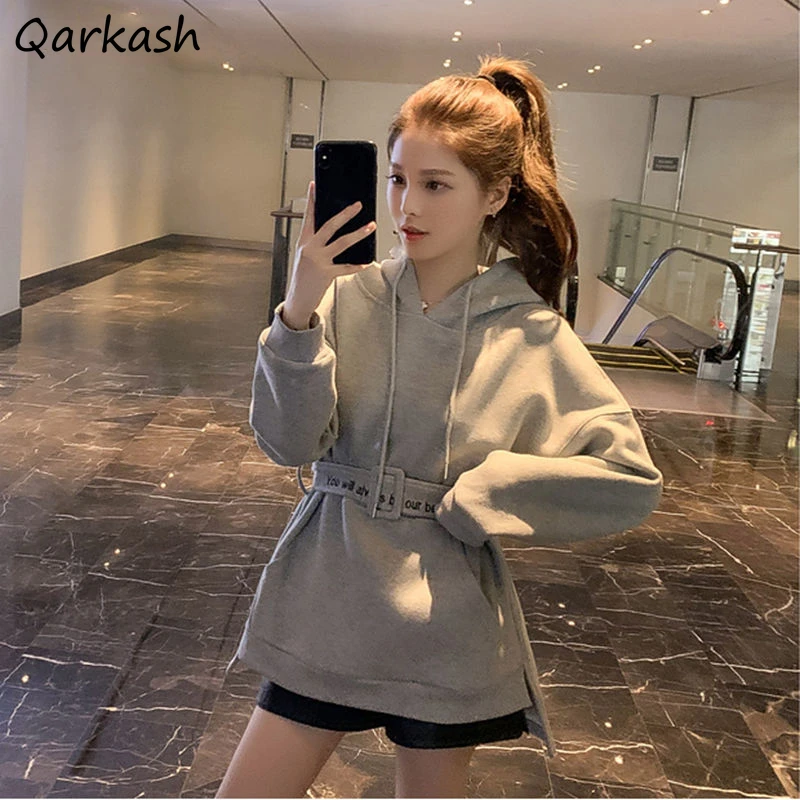 

Sweatshirts Women Embroidery Gray Korean Style All-match Ins Solid Popular Hooded Mujer Ulzzang Sashes Simple College Clothing