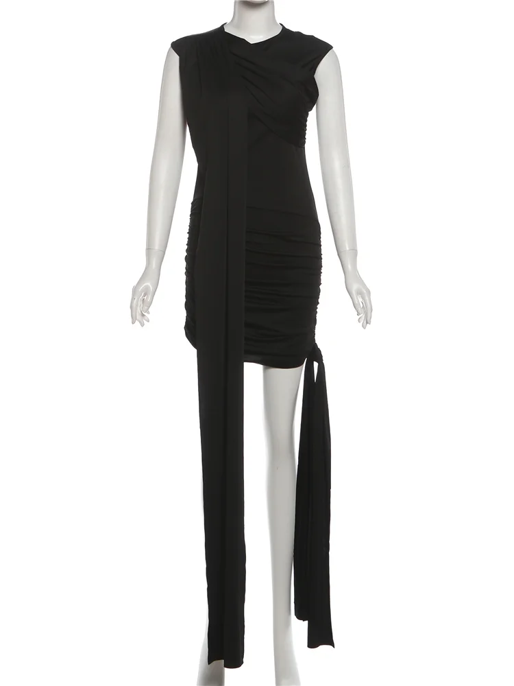 Kliou ロングリボン装飾ミニドレス レディース Oネック ノースリーブ スキニー ピーチヒップ 2026春新作 ルーシュド エレガント ボディコン