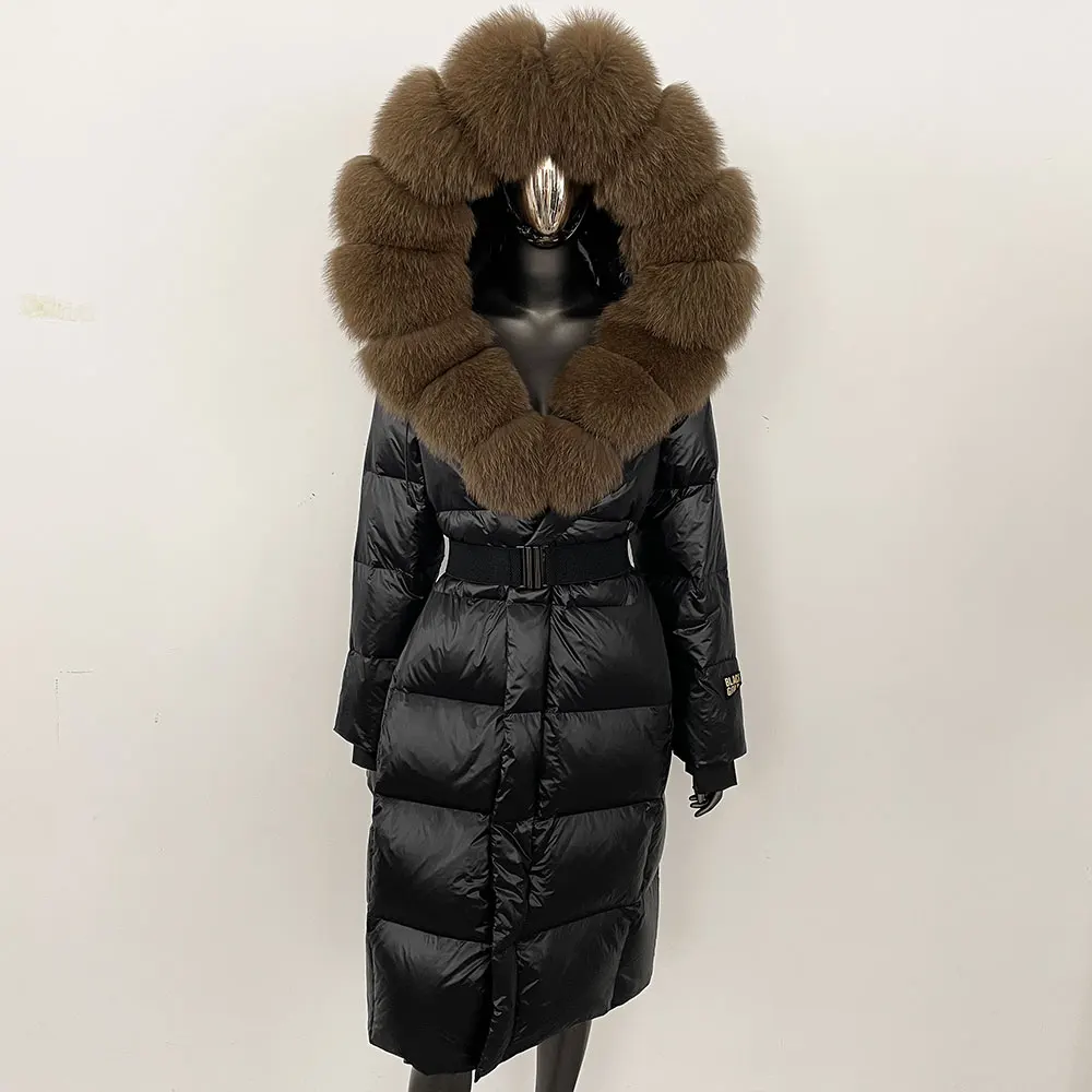 Down Coat Women Winter Thick Autumn Hat Detachable X-long White Duck Down Jacket OverwearsReal Fox Fur Collar Hooded Fur Jacket
