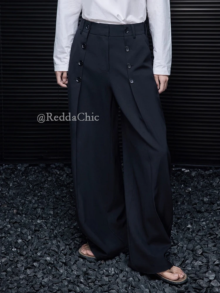 REDDACHiC المرأة زر ديكور البدلة بنطلون مطوي جيوب أمامية واسعة الساق فضفاضة نظيفة تناسب سروال فستان مكتب ارتداء اليومي