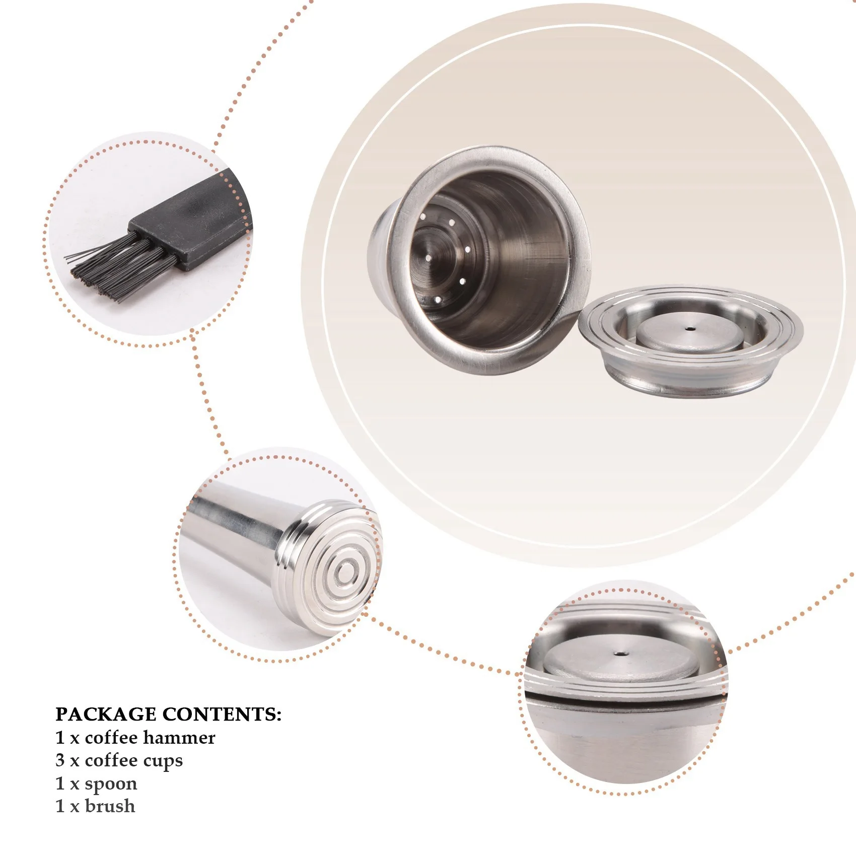 ABUN 3 Pcs Reusable Stainless Steel Coffee Capsules for Nespresso, with Tamper Spoon Brush Refillable Pads