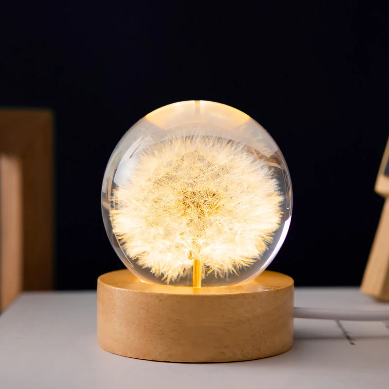 Luminous 3D Dandelion Crystal Ball Resin Lens Ball with Wood Stand  Christmas Mum Birthday Love Gift Home Decor Craft