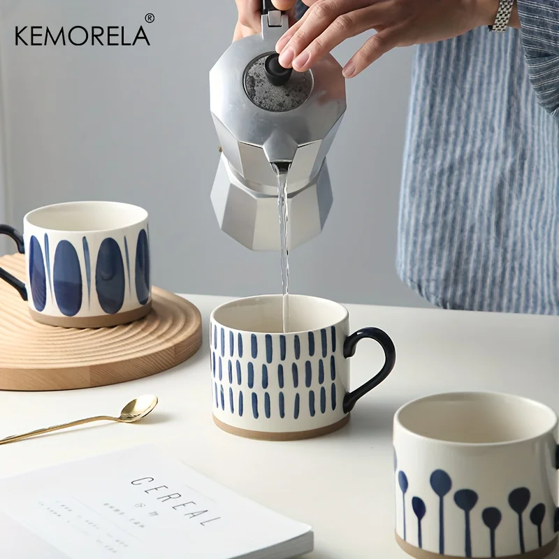 2PCS Ceramic Coffee Mugs - Hand-Painted Geometric Blue & White Design Microwave Safe Reusable Round Cups for Coffee Tea Oatmeal