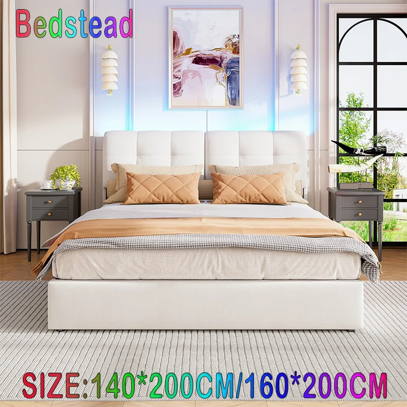 Cadre de lit carré en velours blanc cassé Anajqaqia 140x200cm/160x200cm, éclairage d'ambiance RGB + design de rangement relevable