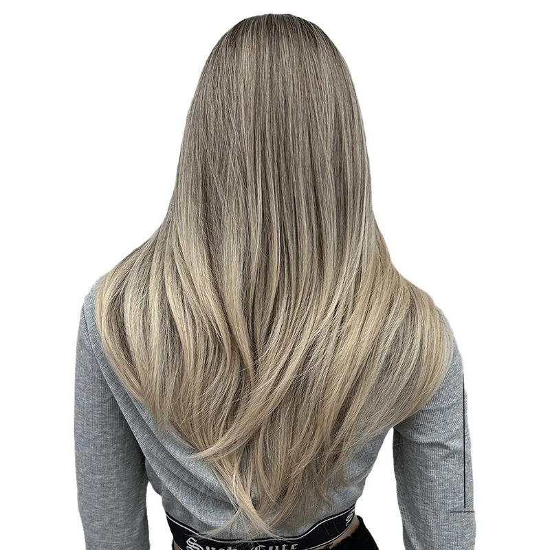 شعر مستعار طويل مستقيم متدرج ذهبي، مظهر طبيعي، شعر مقاوم للحرارة مناسب للحفلات والاستخدام اليومي