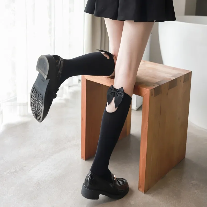 

Japanese Velvet Calf Socks Girl Bow Mid-High Tube Women's Socks CutelolitaKnee Length Socks Spring and Summer Black White
