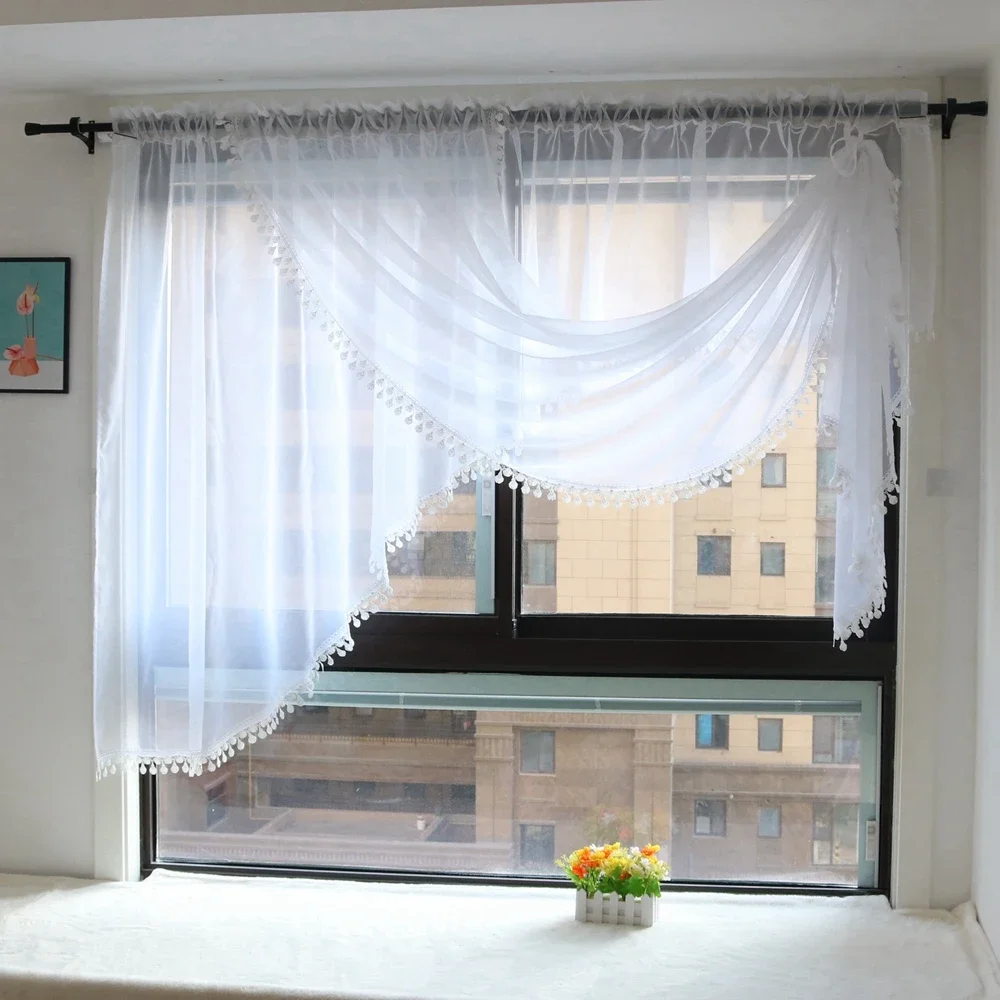 Voile Sheer Window Drapes with Scarf, Valance and Lace Design, Kitchen and Bedroom Window Curtain