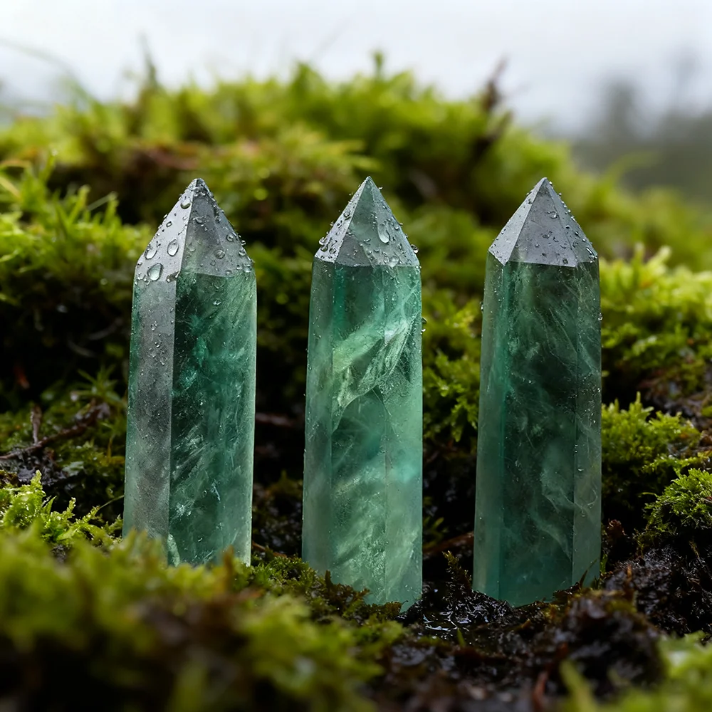Green Fluorite Crystal Wand Moss Green Unique Misty Vertical Niche Art Decor