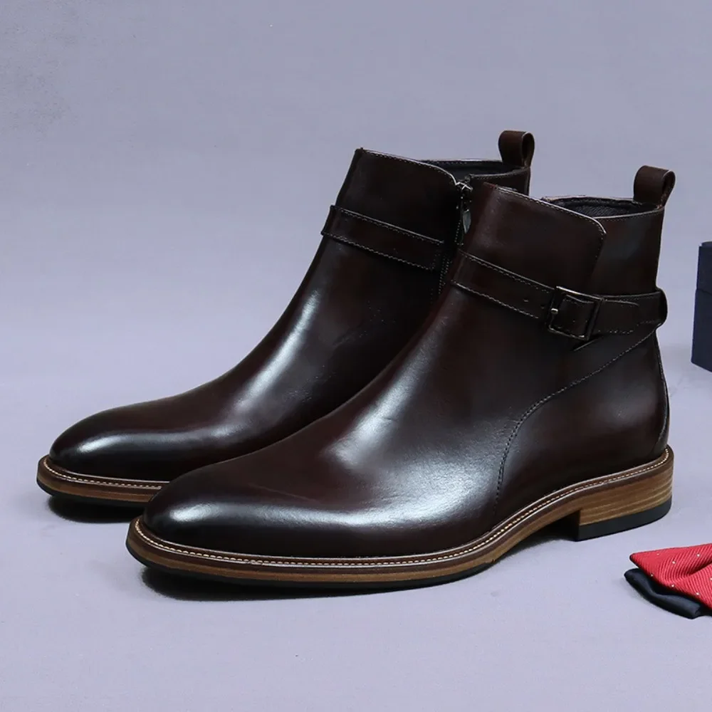 

Mens Chelsea Boots Genuine Leather High Quality British Style Zip Buckle Ankle Boots Handmade New Arrival